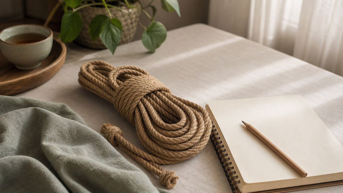 Natural shibari rope beside a blank notebook and pencil in soft morning light