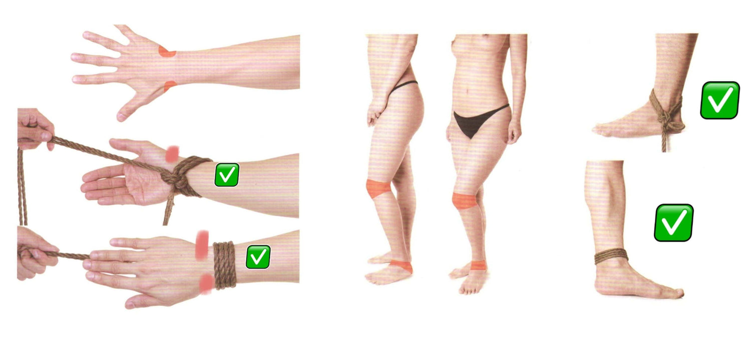 Rope bondage safety guide demonstrating proper hand and leg bindings with safety checks.