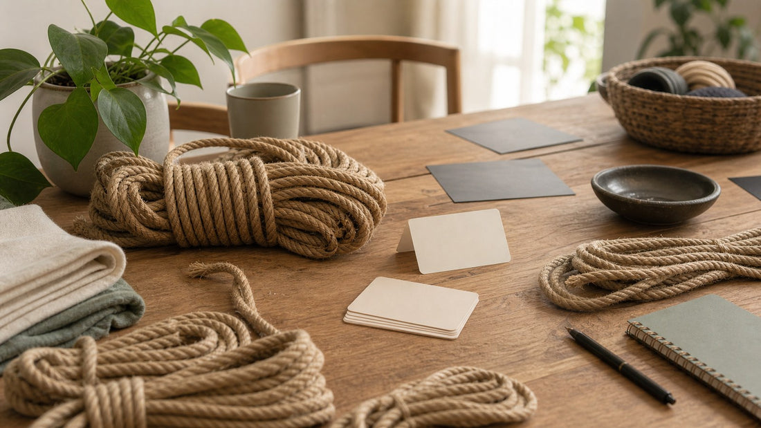 Welcoming rope workshop table with coiled rope, blank cards, plant, and notebook