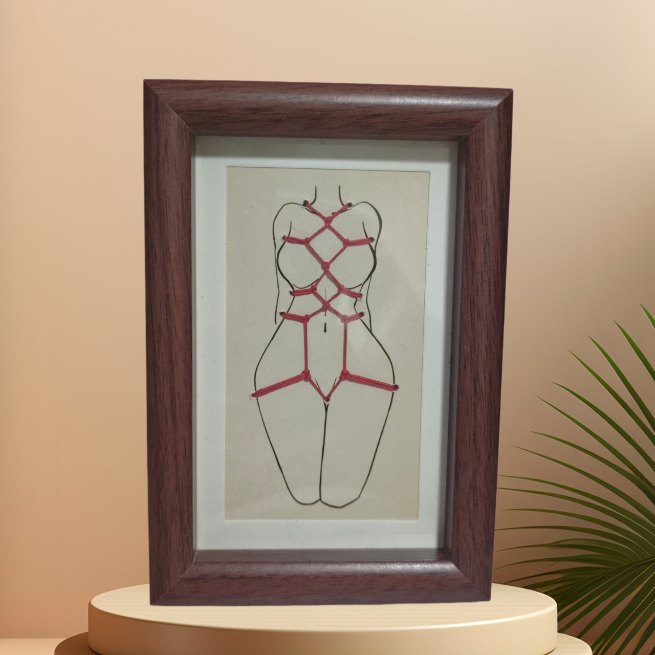 Hand-Braided Shibari Rope Art Decor — Solid Wood Frame, 3D Rope Illustration