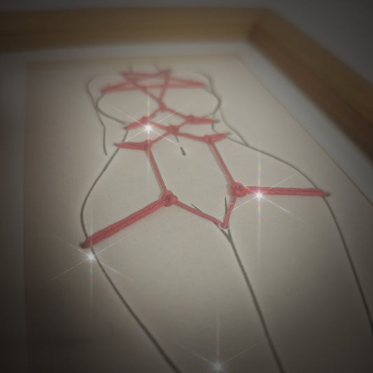 Hand-Braided Shibari Rope Art Decor — Solid Wood Frame, 3D Rope Illustration