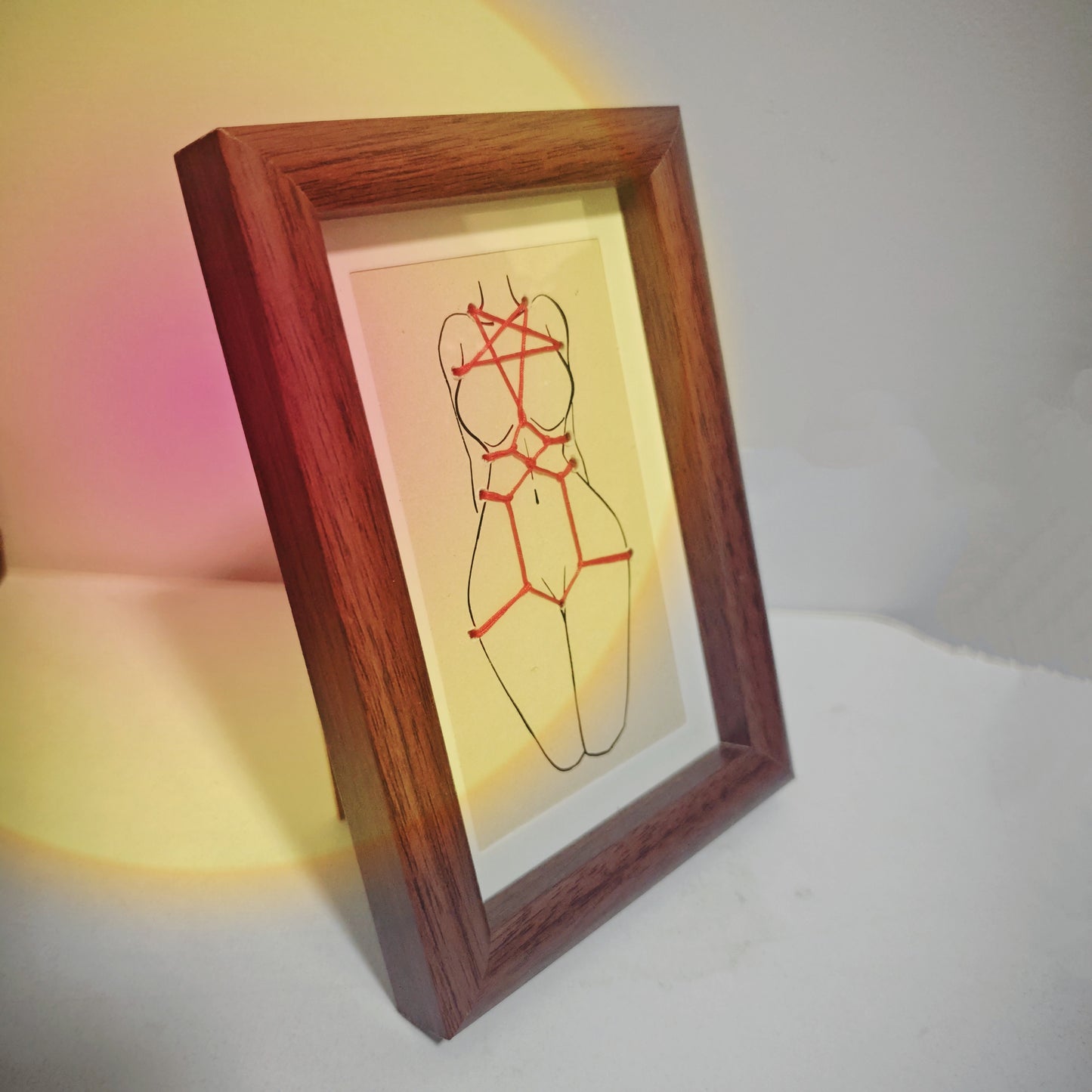 Hand-Braided Shibari Rope Art Decor — Solid Wood Frame, 3D Rope Illustration