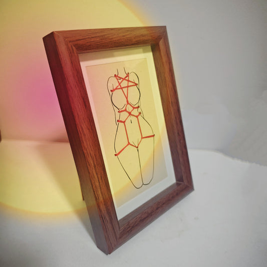 Hand-Braided Shibari Rope Art Decor — Solid Wood Frame, 3D Rope Illustration