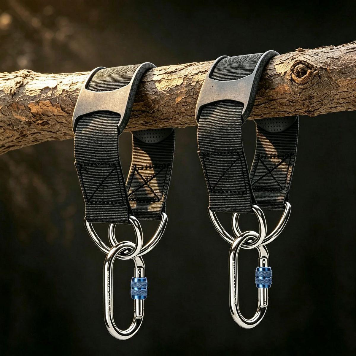 Two black nylon climbing harness straps with silver metal carabiners and blue locking buckles, hanging from a tree branch against a dark background.